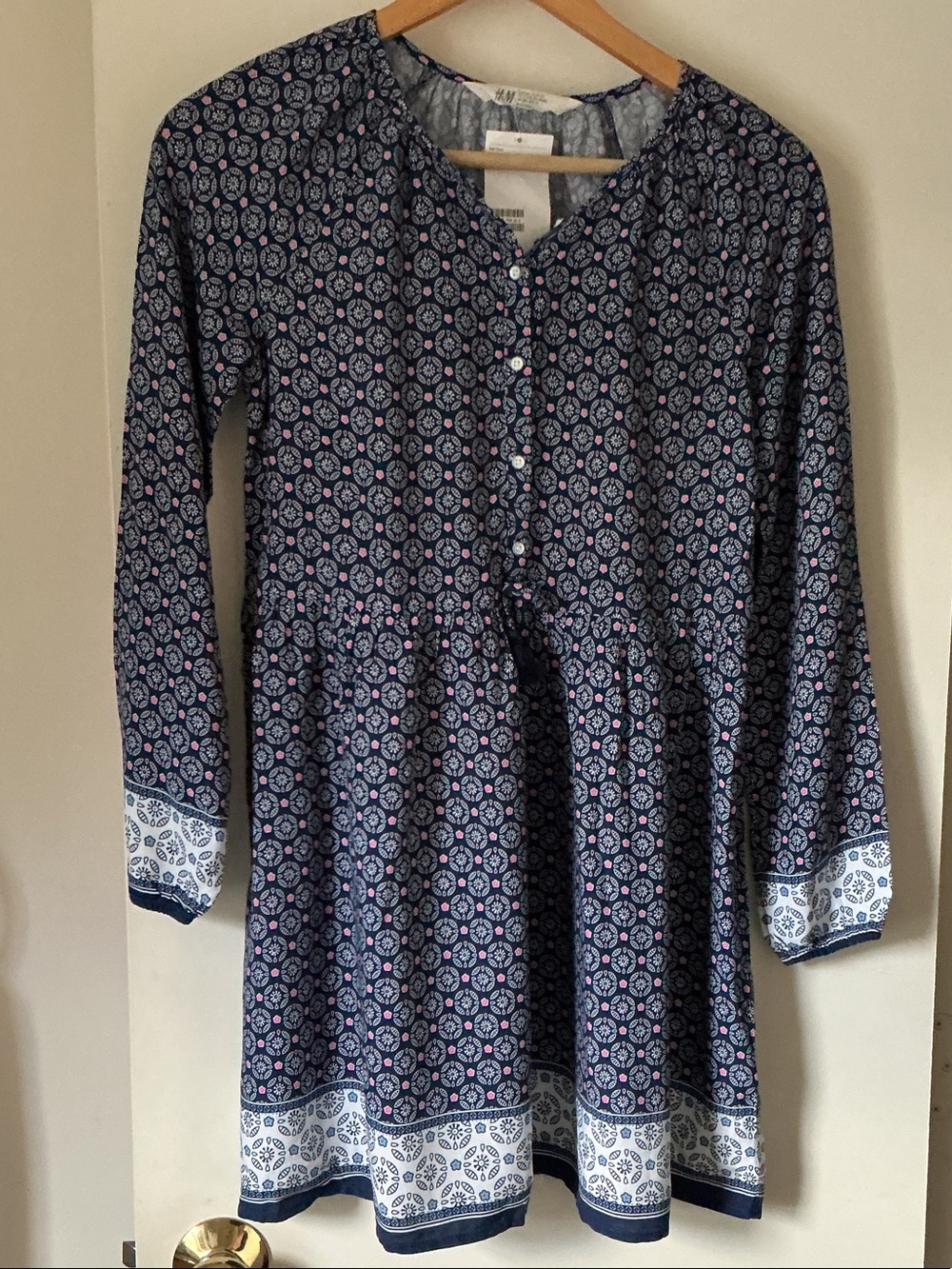 H&M Navy Blue Floral-Print Long Sleeve Girls' Dress with Pink Accents
